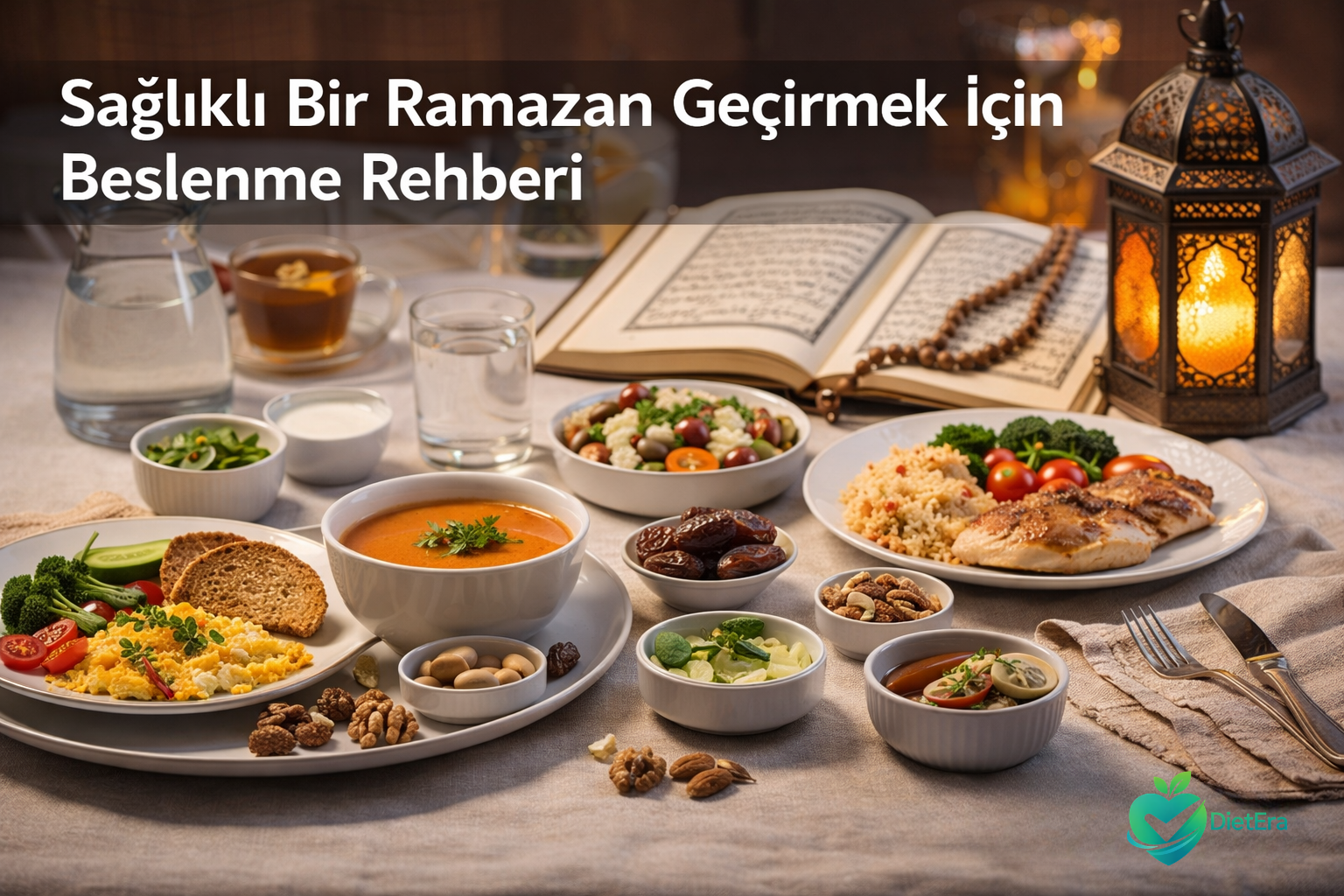 Ramazan iftar ve sahur sofrasında dengeli ve sağlıklı yiyecekler, hurma, çorba, salata, su ve ana yemekler